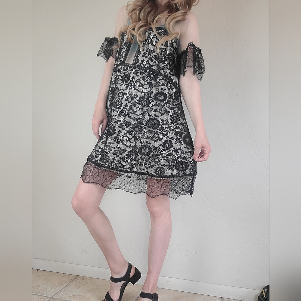 Kendall + Kylie Sheer Panel Black Lace Babydoll Dress Size Medium